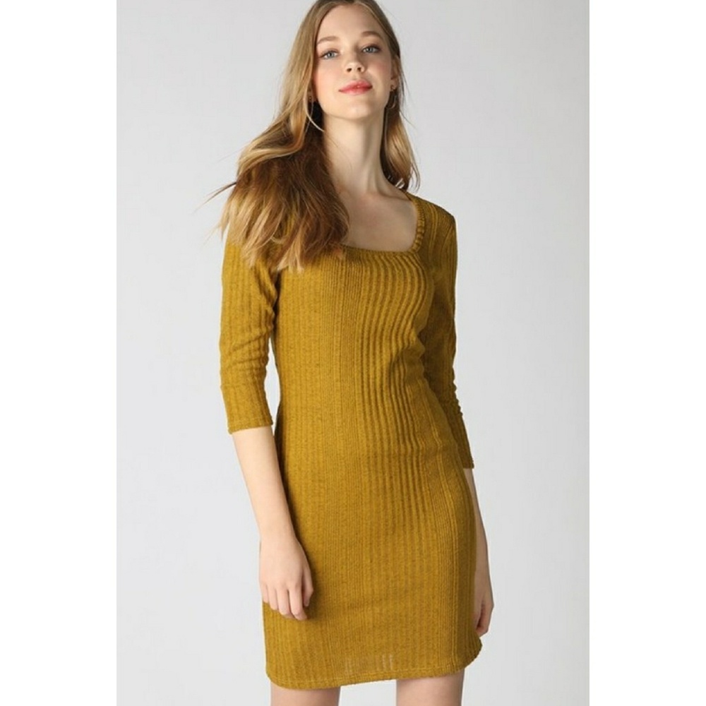 Mustard 3/4 Sleeve Midi Dress